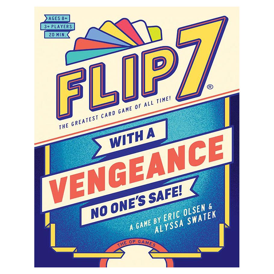 Front box cover of Flip 7: With A Vengeance card game by The Op Games, for ages 8+ with 3+ players, 20-minute playtime.