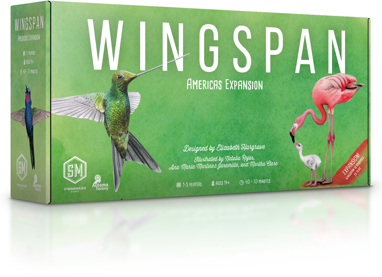 Wingspan Americas Expansion box by Stonemaier Games featuring illustrated hummingbird and flamingos on a green background.