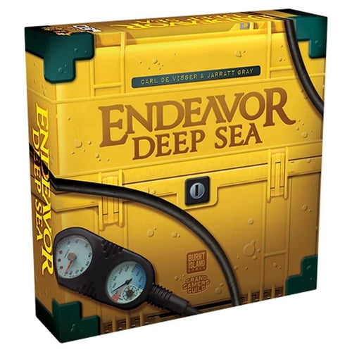 Front box cover of Endeavor: Deep Sea board game, featuring a yellow submarine hatch design with diving gauges and teal corner accents.