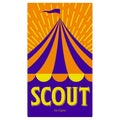 Front box cover of Scout card game by Kei Kajino featuring a bold circus tent illustration in orange and purple with yellow title text.