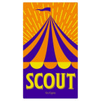 Front box cover of Scout card game by Kei Kajino featuring a bold circus tent illustration in orange and purple with yellow title text.
