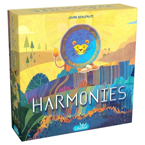 Front of Harmonies board game box by Libellud, featuring a stylized lion amid a vibrant, colorful landscape of hills and trees.