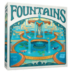 Front box cover of Fountains board game by The Op Games, featuring ornate Art Nouveau tiered fountain with koi fish and lily pads.