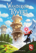 Wandering Towers board game box front showing a wizard casting magic at a floating stone tower in a whimsical fantasy landscape.