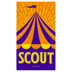 Front box cover of Scout card game by Kei Kajino featuring a bold circus tent illustration in orange and purple with yellow title text.