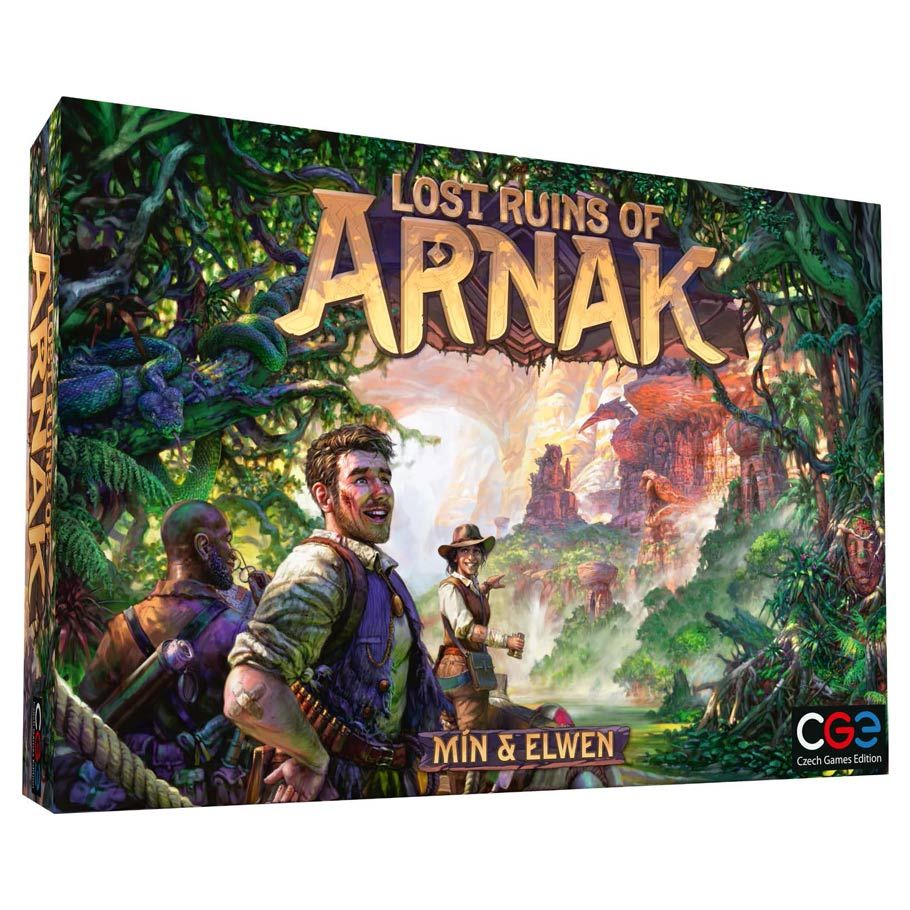 Front box cover of Lost Ruins of Arnak board game by Czech Games Edition featuring jungle explorer artwork with ancient ruins.