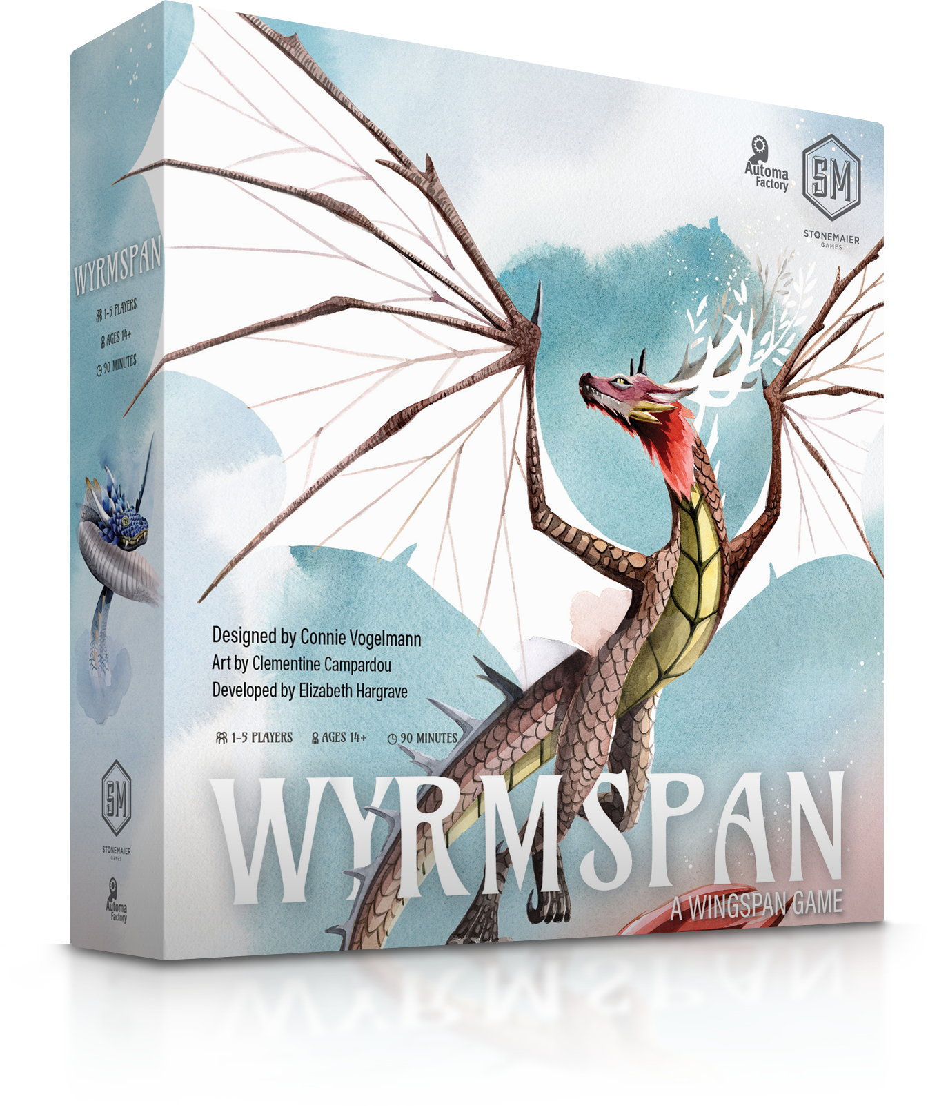 Wyrmspan board game box by Stonemaier Games featuring a watercolor dragon with spread wings on a misty blue background.