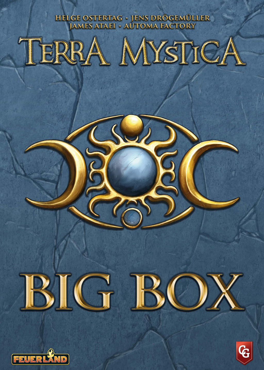 Terra Mystica Big Box front cover featuring a gold triple-moon mystic symbol on a cracked stone blue background, published by Feuerland.