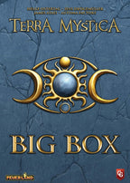 Terra Mystica Big Box front cover featuring a gold triple-moon mystic symbol on a cracked stone blue background, published by Feuerland.