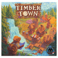 Timber Town board game box featuring a beaver architect overlooking a bustling woodland village with a waterfall, published by Alley Cat Games.