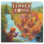 Timber Town board game box featuring a beaver architect overlooking a bustling woodland village with a waterfall, published by Alley Cat Games.