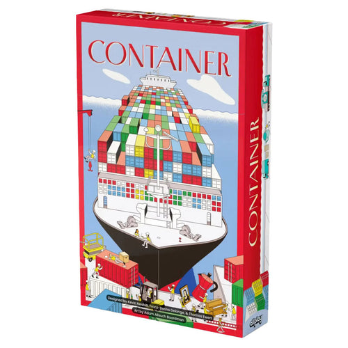 Front box cover of Container board game showing a colorful cargo ship stacked with multicolored shipping containers at a busy port.