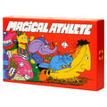 Magical Athlete board game box with vibrant red background featuring colorful cartoon animal characters racing with dice and magic wands.