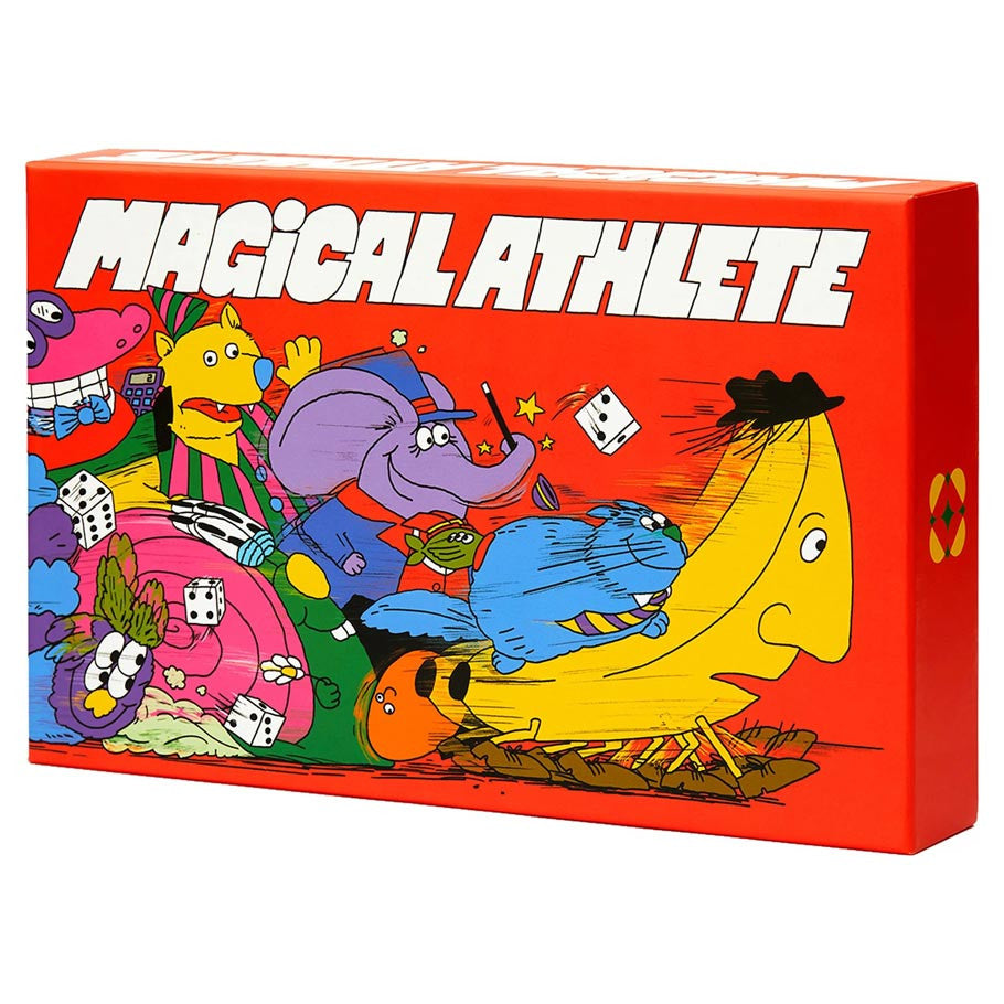 Magical Athlete board game box with vibrant red background featuring colorful cartoon animal characters racing with dice and magic wands.