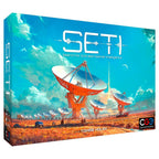 SETI: Search for Extraterrestrial Intelligence board game box by Czech Games Edition featuring illustrated radio telescope array under a vivid blue sky.