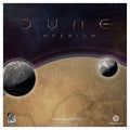Dune Imperium board game box front featuring the desert planet Arrakis with two moons against a dark starfield.