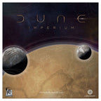 Dune Imperium board game box front featuring the desert planet Arrakis with two moons against a dark starfield.