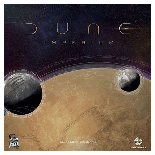 Dune Imperium board game box front featuring the desert planet Arrakis with two moons against a dark starfield.