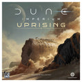 Front box cover of Dune Imperium Uprising featuring a giant sandworm emerging from desert dunes with Fremen riders on its back.