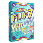 Front box art for Flip 7 Deluxe by The OP Games, featuring bold teal design with numbered and action cards, for ages 8 and up.