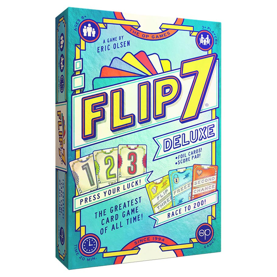 Front box art for Flip 7 Deluxe by The OP Games, featuring bold teal design with numbered and action cards, for ages 8 and up.