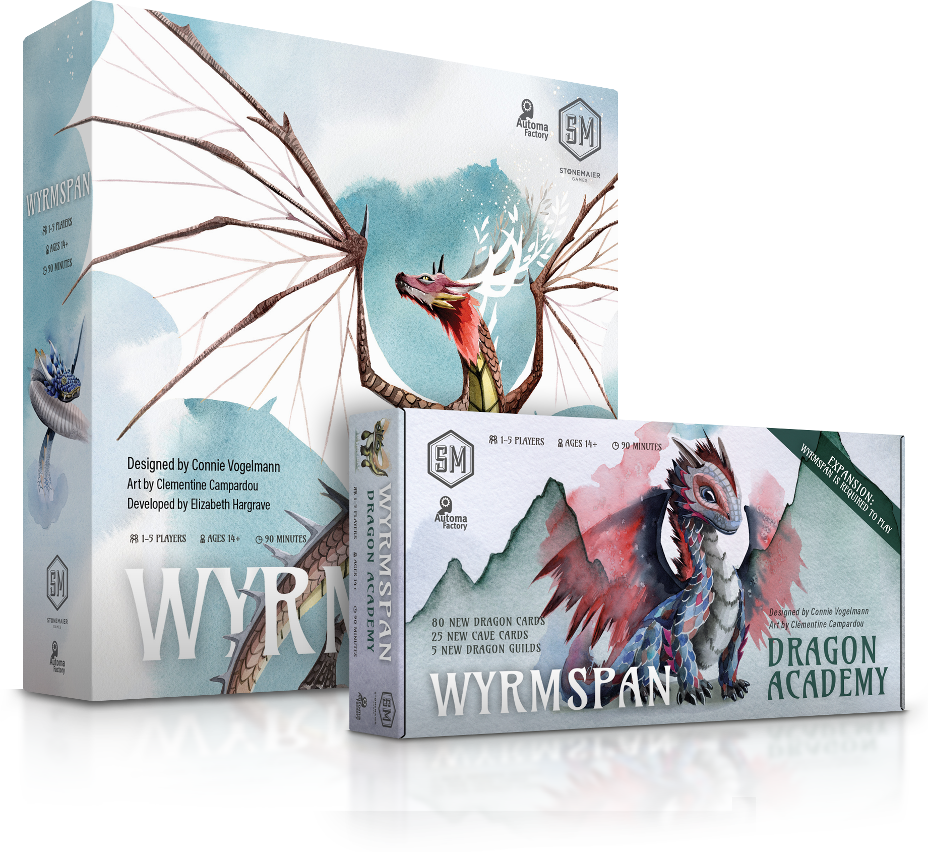 Wyrmspan base game box and Dragon Academy expansion box displayed together, featuring watercolor dragon artwork by Clémentine Campardou.