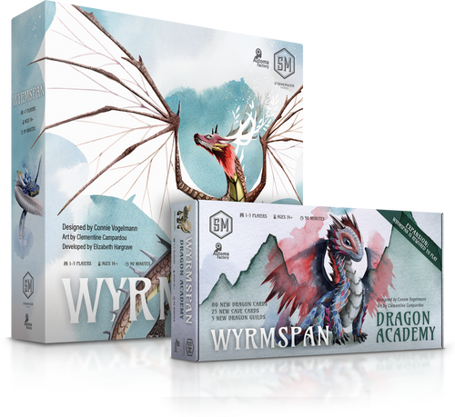 Wyrmspan base game box and Dragon Academy expansion box displayed together, featuring watercolor dragon artwork by Clémentine Campardou.