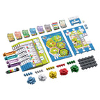 Flat-lay of Container board game components including ship meeples, cargo cubes, player boards, island map tiles, and card decks.