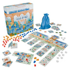 Railroad Tiles board game components spread out beside the box, showing colorful track tiles, meeples, star tokens, and a blue drawstring bag.
