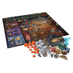 Dune Imperium Uprising expansion components including game board, colored meeples, resource tokens, cubes, and faction pieces displayed on white background.