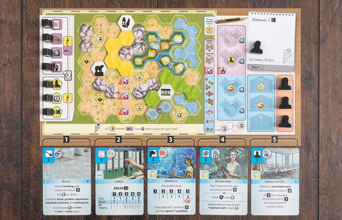 Ark Nova Marine Worlds game spread showing hexagonal zoo map board, player scorepad, and five action cards including Build, Cards, Animals, Sponsors, and Association.