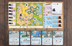 Ark Nova Marine Worlds game spread showing hexagonal zoo map board, player scorepad, and five action cards including Build, Cards, Animals, Sponsors, and Association.