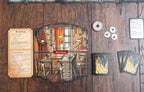 Pagan: Fate of Roanoke Hunter player board displayed on wood surface alongside action cards, token coins, and a player aid card.