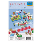 Back of Container board game box by Allplay, showing gameplay overview with island board, player boards, ship miniatures, and colored containers.