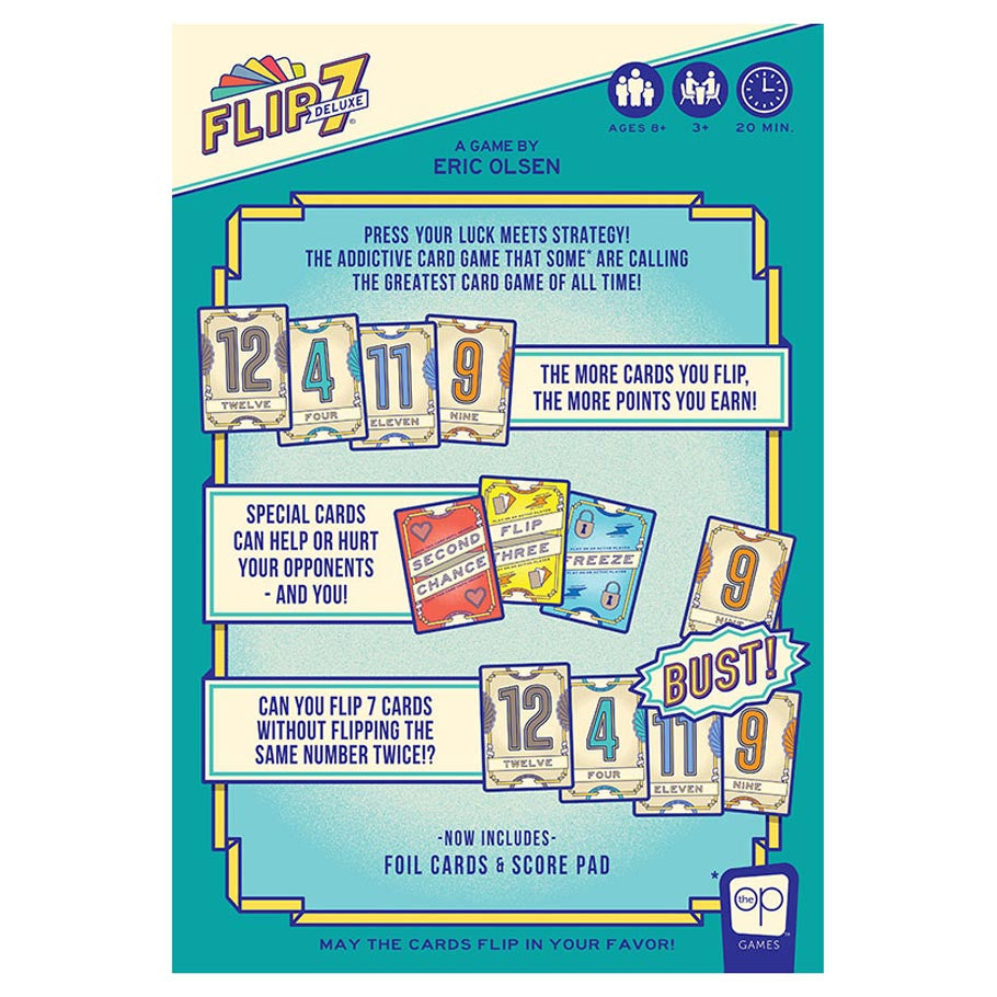Back of Flip 7 Deluxe box showing game rules summary, number cards, special action cards, and publisher info by The Op Games.
