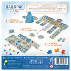 Back of Railroad Tiles box showing three-step gameplay overview with route tiles, wooden pawns, station board, and component list.