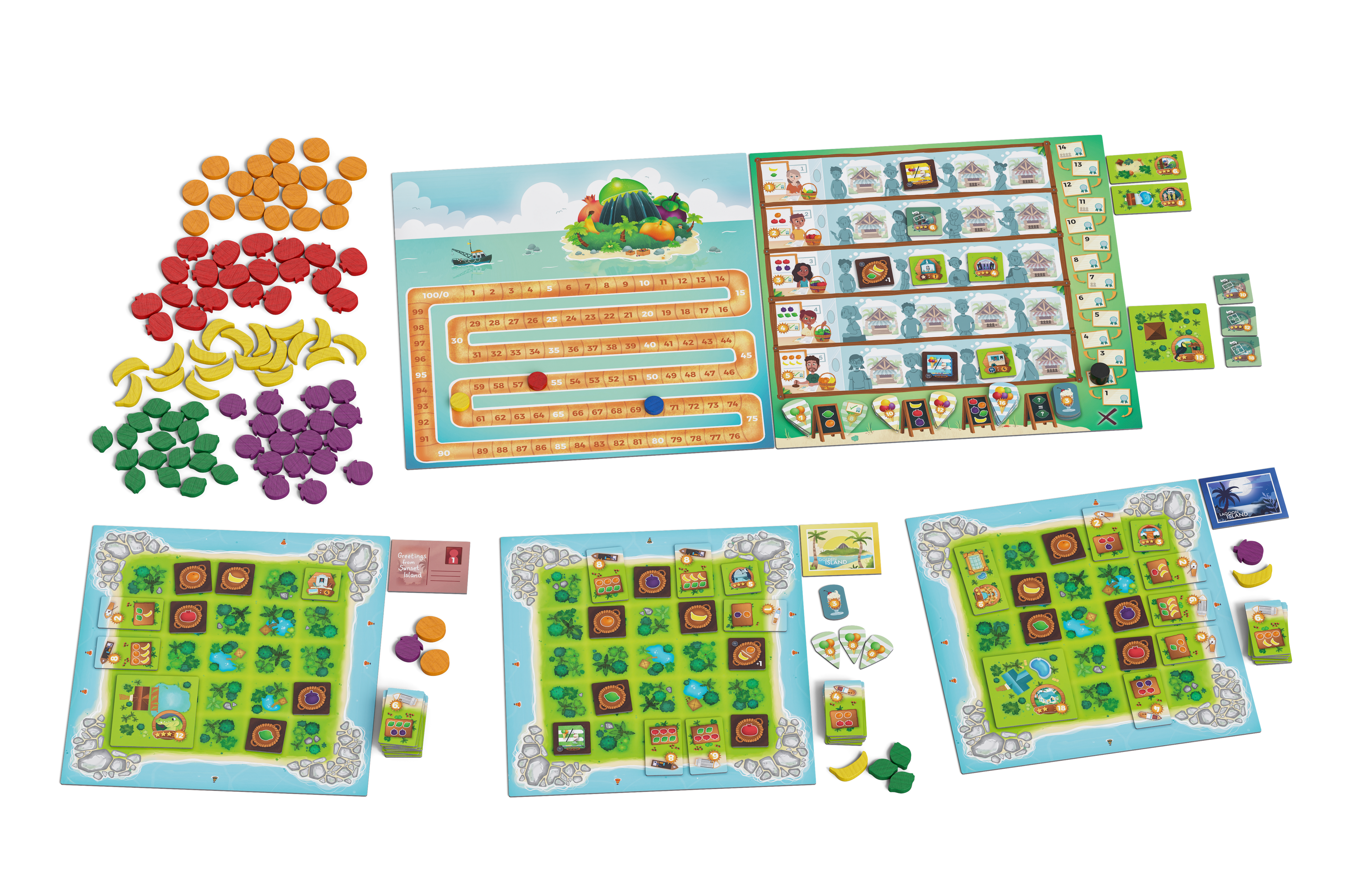 Juicy Fruits board game components spread showing colorful fruit tokens, scoring track, player boards, market board, and cards.