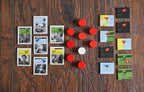 Watergate board game components flat-lay showing character cards, red wooden discs, evidence tiles, and tape cards on a wooden surface.