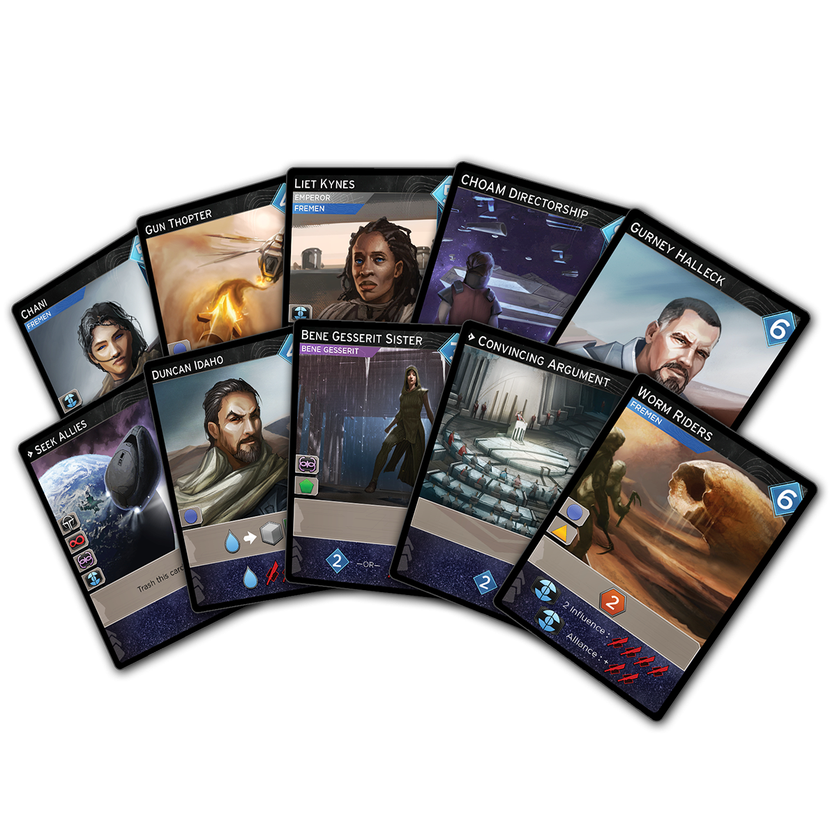 Close-up fan of Dune Imperium game cards including Chani, Duncan Idaho, Liet Kynes, Bene Gesserit Sister, Worm Riders, and Gurney Halleck.