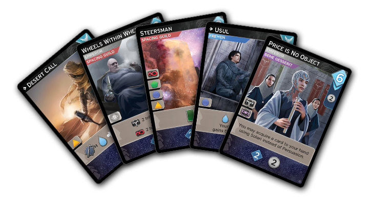 Five Dune Imperium Uprising expansion cards fanned out, including Desert Call, Wheels Within Wheels, Steersman, Usul, and Price Is No Object.