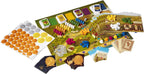 Viticulture Essential Edition components spread out showing the game board, colorful wooden meeples, cards, coins, and player boards.