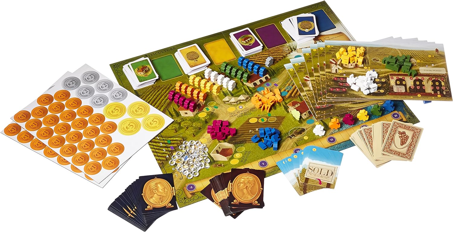 Viticulture Essential Edition components spread out showing the game board, colorful wooden meeples, cards, coins, and player boards.