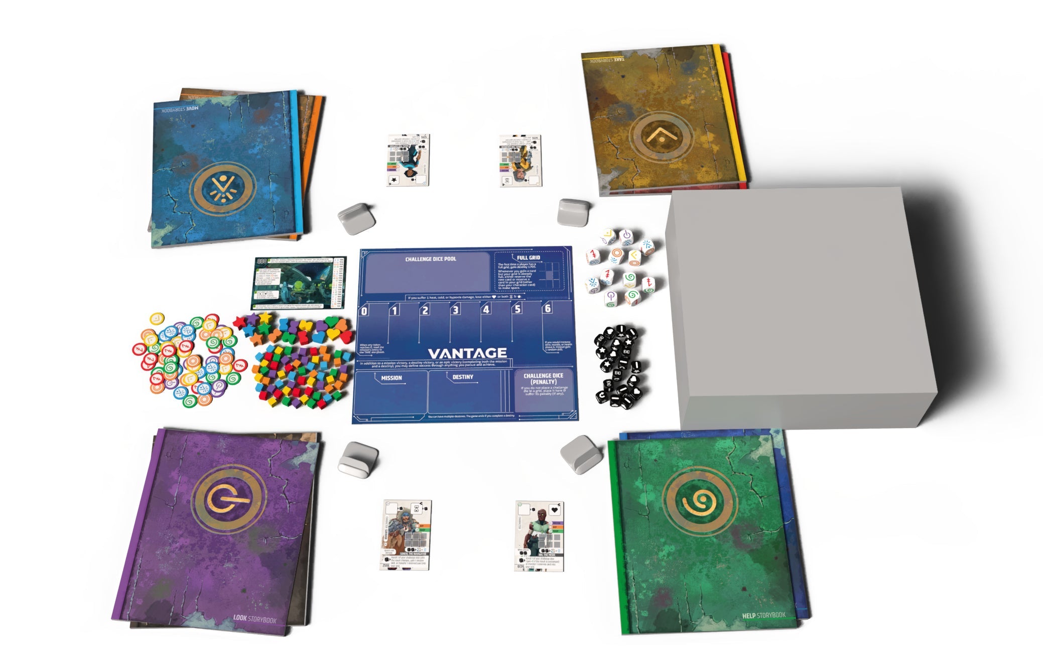 Vantage board game components laid out flat including storybooks, player boards, meeples, tokens, dice, and character cards.