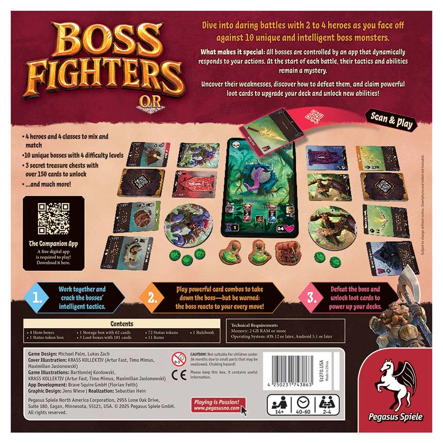 Back of Boss Fighters QR box showing components, feature bullet points, gameplay steps, contents list, and app requirements for 2-4 players.