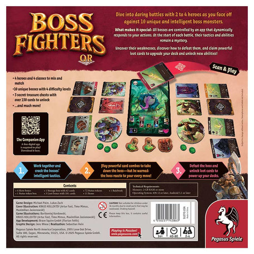 Back of Boss Fighters QR box showing components, feature bullet points, gameplay steps, contents list, and app requirements for 2-4 players.