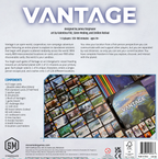 Back of the Vantage board game box by Stonemaier Games, showing components list, game description, and photo of cards and components.