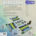 Back of Wingspan board game box showing components list, game description, and a 3D layout of player mats, bird cards, egg miniatures, dice tower, and tokens.