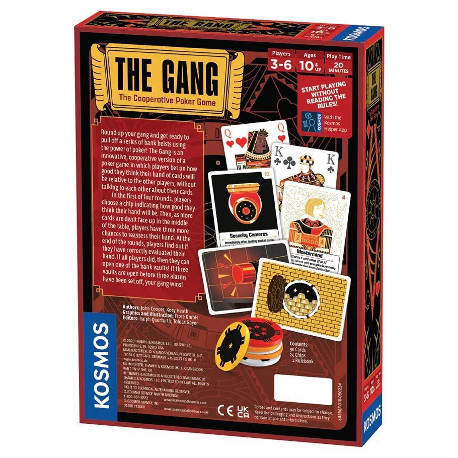 Back of The Gang cooperative poker game box by Kosmos, showing rules summary, component list, and card illustrations for 3-6 players.
