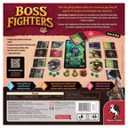Back of Boss Fighters QR box showing components, feature bullet points, gameplay steps, contents list, and app requirements for 2-4 players.