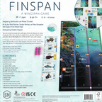 Back of the Finspan box showing game description, components list, sample fish cards, ocean mat, and colorful underwater artwork.